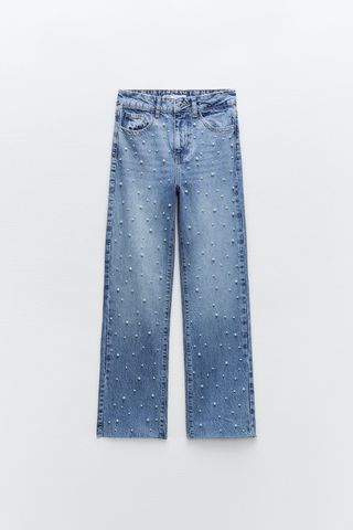 Zara + Straight-Leg High-Waist Jeans With Pearl Beads