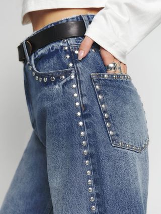 Reformation + Cary High Rise Slouchy Wide Leg Jeans in Chesapeake Studded