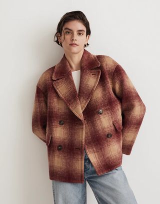 Madewell + Brushed Double-Breasted Short Coat in Plaid