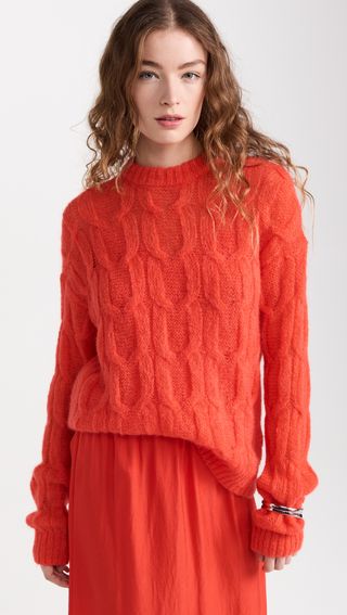 Tibi + Soft Mohair Cable Crew Neck Easy Pullover