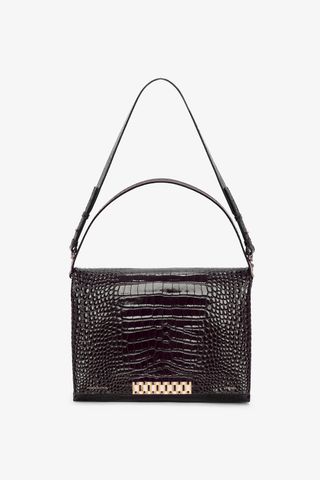 Victoria Beckham + Jumbo Chain Pouch in Chocolate Croc-Effect Leather