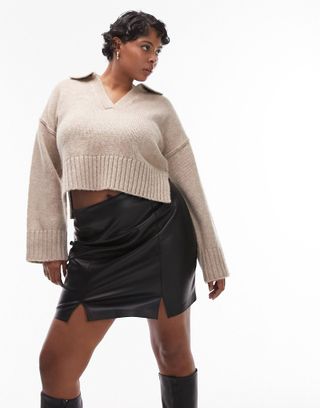 Topshop Curve + Leather Look Split Detail Mini Skirt in Black
