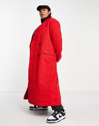 ASOS Design + Curve Twill Dad Wool Mix Coat in Red