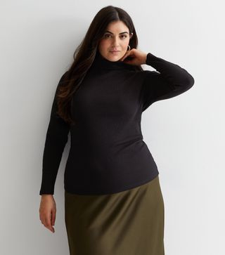 New Look + Curves Black Ribbed Roll Neck Top