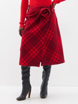 Burberry + Rose-Appliqué Checked-Wool Wrap Skirt