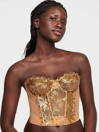 Victoria's Secret + Gold Sequined Floral Embroidery Unlined Corset Top