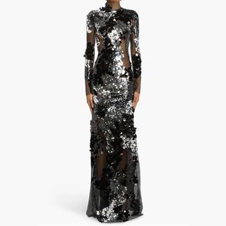 Tom Ford + Long Sleeve Sequin & Mesh Gown