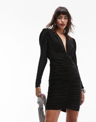 Topshop + Long Sleeve Drape Detail Mini Dress