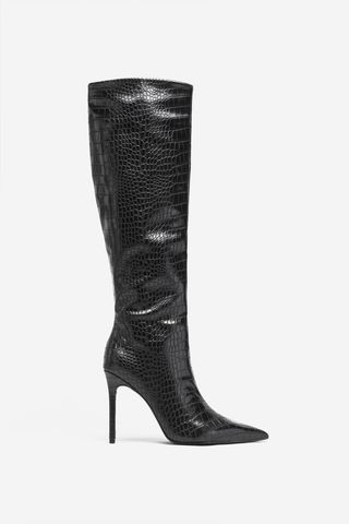 Club L London + Uptown | Black Croc Fitted Over-Knee Pointed Heeled Boots