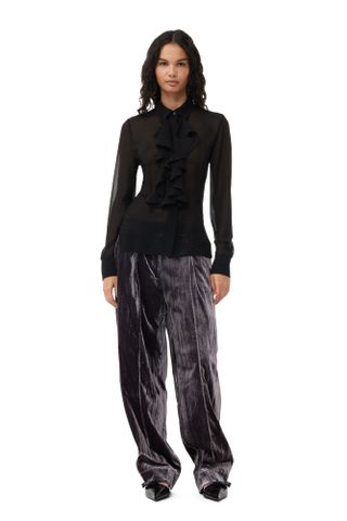 Ganni + Grey Striped Velvet Relaxed Pleated Trousers