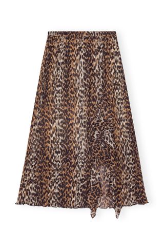 Ganni + Leopard Pleated Georgette Midi Flounce Skirt