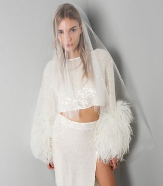 LaPointe + Sequin Cropped Top With Feathers