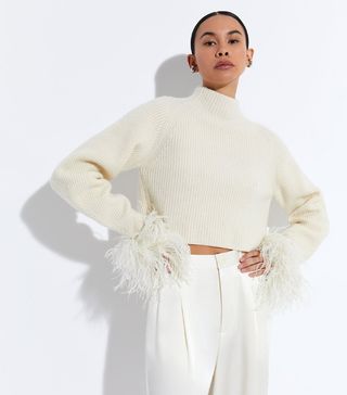 LaPointe + Satin High Waisted Flared Pant With Feathers