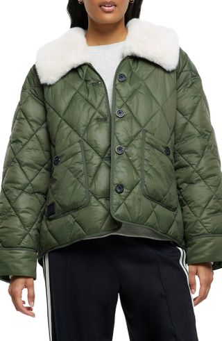 River Island + Quilted Jacket With Removable Faux Fur Collar