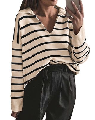 Cflonge + Striped Long Sleeve Polo V Neck Pullover
