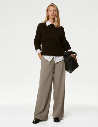 M&S Collection + Pleat Front Relaxed Wide Leg Trousers in Mocha