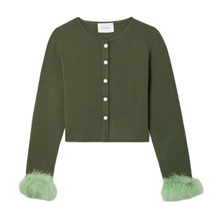 Sleeper + Convertible Cropped Feather-Trimmed Knitted Cardigan
