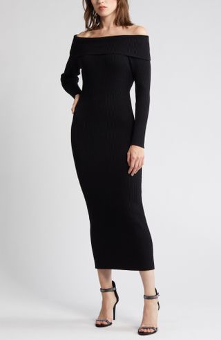 Charles Henry + Off-the-Shoulder Long Sleeve Rib Sweater Dress