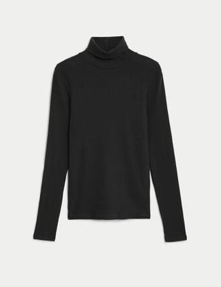 M&S Collection + Cotton Rich Roll Neck Ribbed Top in Black