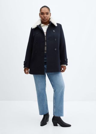Mango + Faux Fur Collar Double-Breasted Coat