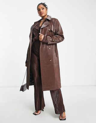 Something New Curve x Emilia Silberg + Exclusive Leather Look Croc Trench Coat in Brown