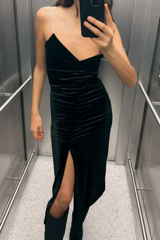 Zara + Velvet Midi Dress with Rhinestone Straps
