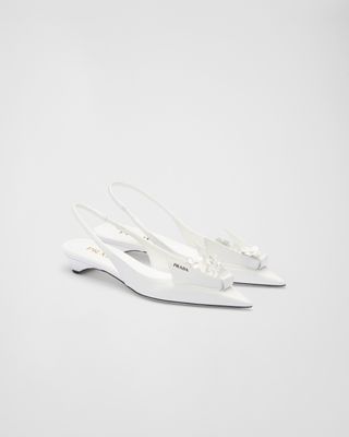 Prada + Brushed Leather Slingback Pumps With Floral Appliques in White