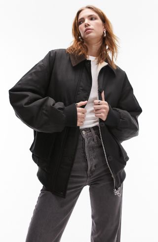Topshop + Heritage Oversize Crop Waxed Cotton Jacket With Faux Shearling Lining