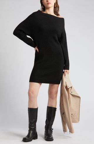 Treasure & Bond + One-Shoulder Long Sleeve Rib Sweater Dress