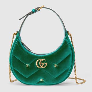 Gucci + GG Marmont Half-Moon-Shaped Mini Bag in Green Velvet