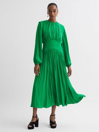 Reiss + Florere Pleated Midi Dress in Bright Green