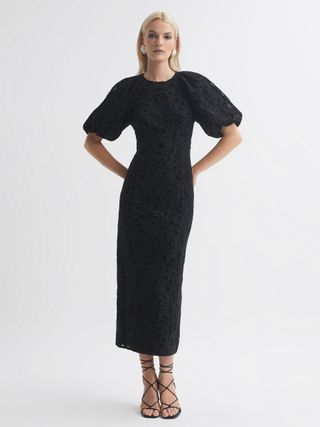 Reiss + Florere Velvet Lace Puff Sleeve Midi Dress