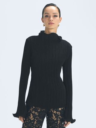 Reiss + Maggie Atelier Fitted Ribbed Ruffle Neck Top