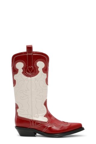Ganni + Red/White Mid Shaft Embroidered Western Boots