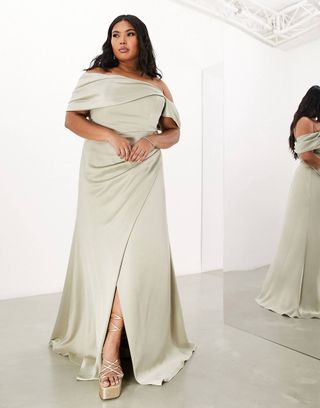 ASOS Curve + Satin Bardot Drape Wrap Maxi Dress