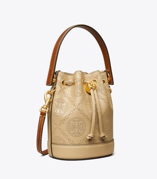 Tory Burch + Mini T Monogram Perforated Leather Bucket Bag