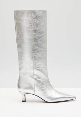 HUSH + Camila Leather Kitten Heel Knee Boots in Silver