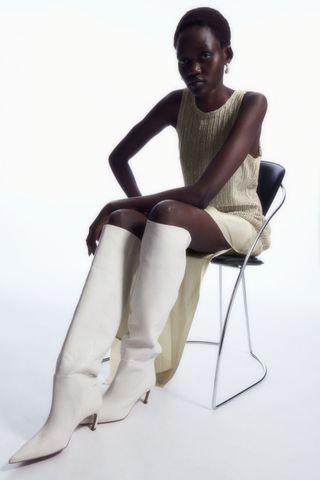 COS + Pointed-Toe Leather Knee-High Boots in White