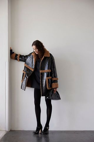 Anthropologie + Patent Faux-Leather Fleece-Trim Borg Jacket