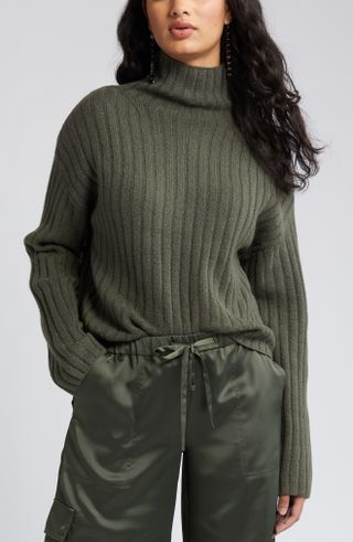 Open Edit + Women's Cotton Blend Rib Funnel Neck Sweater
