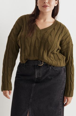 Madewell + Cable Knit V-Neck Crop Sweater