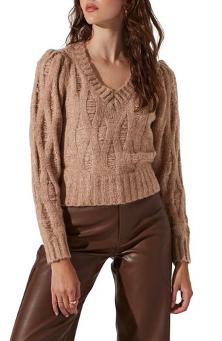 Astr the Label + Distressed V-Neck Cable Knit Sweater