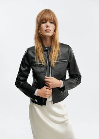 Mango + Leather Jacket With Symmetrical Zip