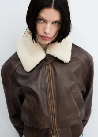 Mango + Leather Bomber Jacket With Shearling Collar