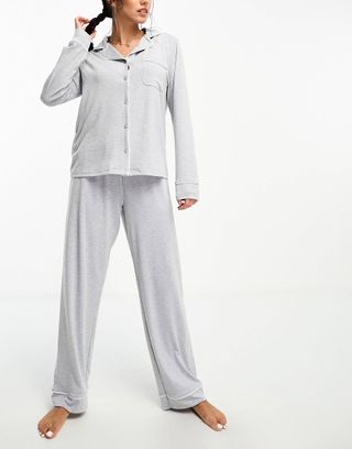 Asos Design + Soft Jersey Long Sleeve Shirt & Trouser Pyjama Set With Contrast Piping in Grey Marl