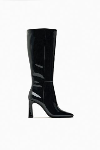 Zara + Heeled Faux Patent Leather Knee-High Boots