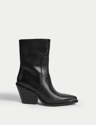 Marks & Spencer + Leather Cow Boy Block Heel Pointed Boots