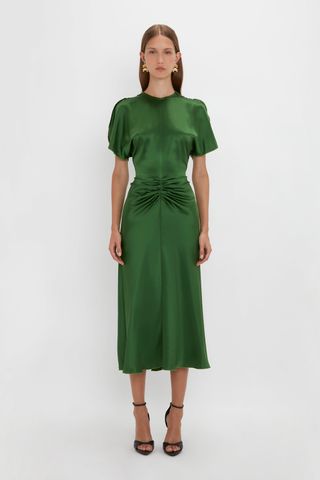 Victoria Beckham + Exclusive Gathered Waist Midi Dress in Emerald