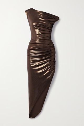 Norma Kamali + Asymmetric Draped Ruched Stretch-Lamé Dress