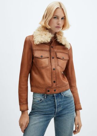 Mango + Suede Jacket With Fur-Effect Collar
